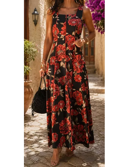 Vestido Gabriela negro y flores roja
