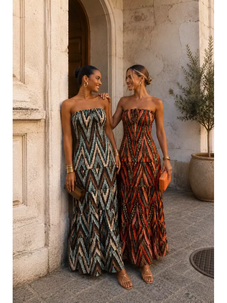 Vestido Lisa zig zag marrón y verdeagua