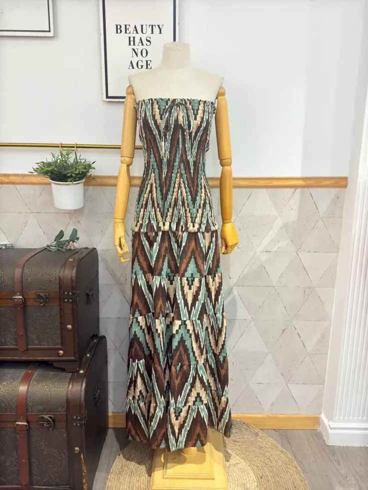 Vestido Lisa zig zag marrón y verdeagua