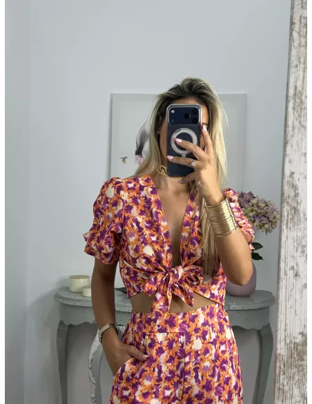 Conjunto Cairo  estampado naranja y buganvilla