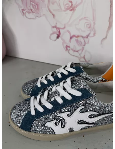 Zapatillas glitter plateado y naranja