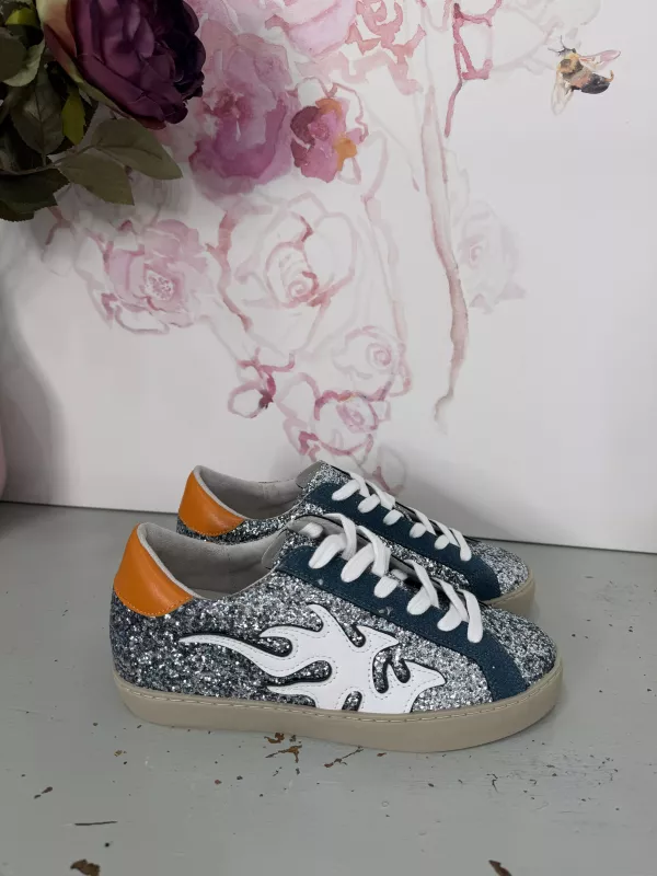 Zapatillas glitter plateado y naranja
