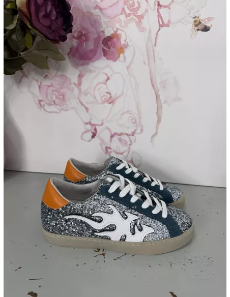 Zapatillas glitter plateado y naranja