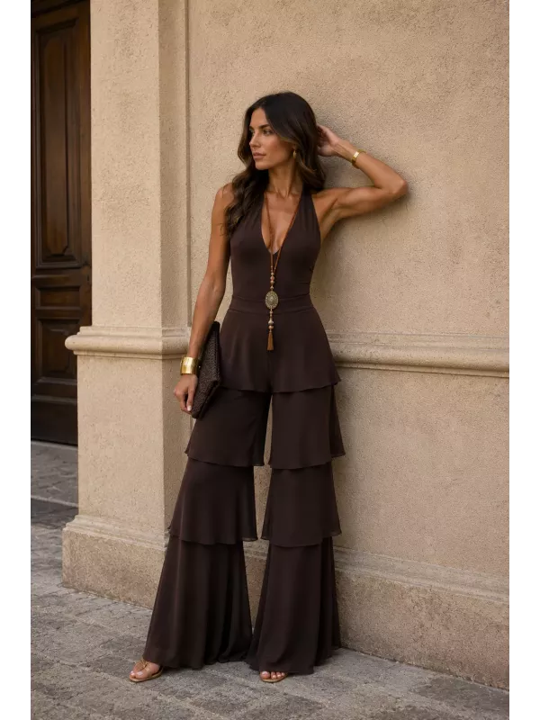 Pantalón largo volantes choco
