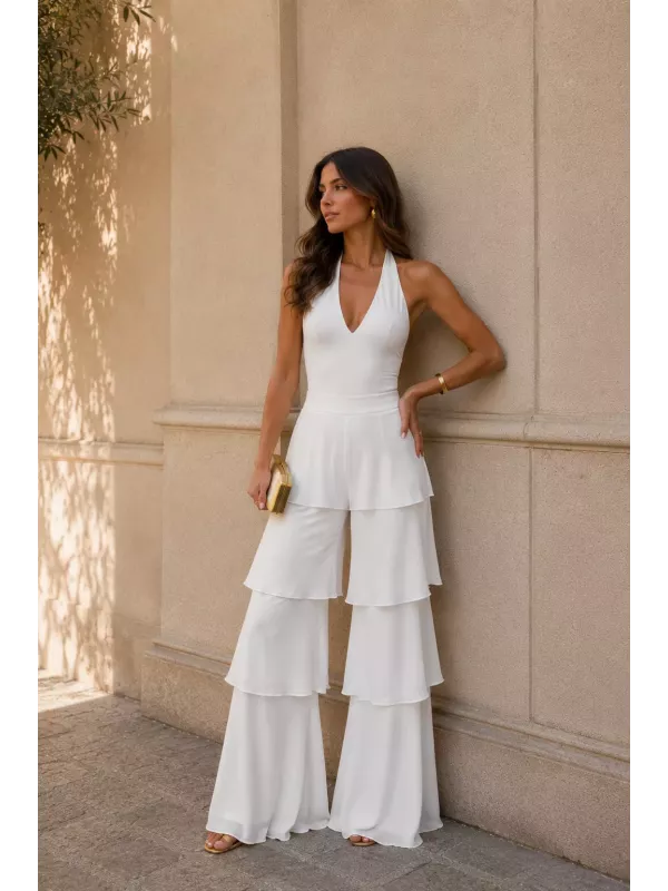 Pantalón largo volantes blanco