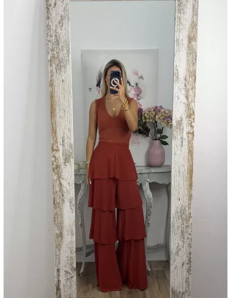 Pantalón largo volantes teja