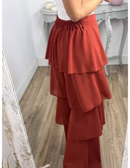 Pantalón largo volantes teja
