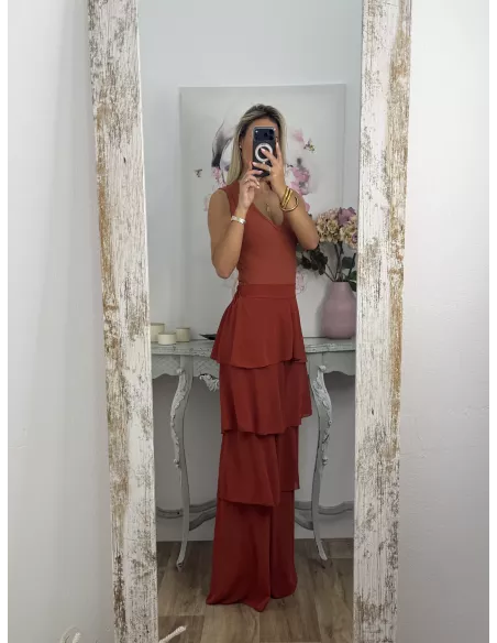 Pantalón largo volantes teja