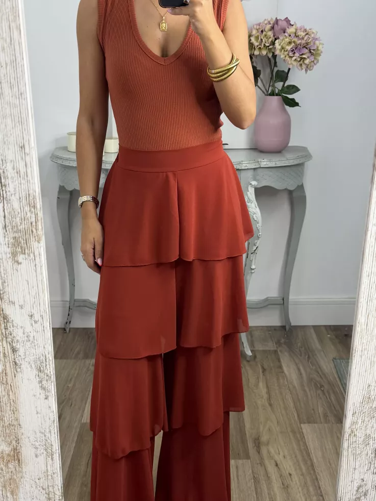 Pantalón largo volantes teja