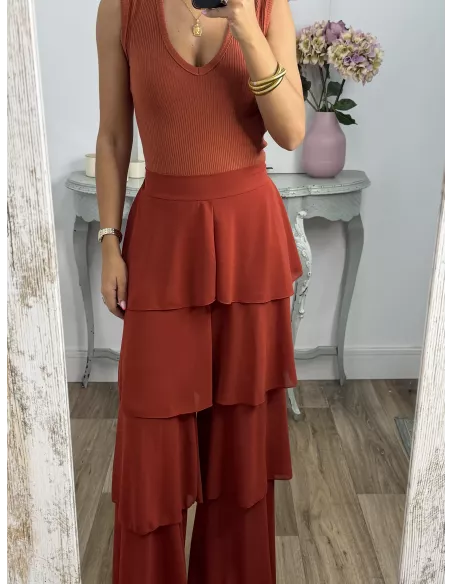Pantalón largo volantes teja