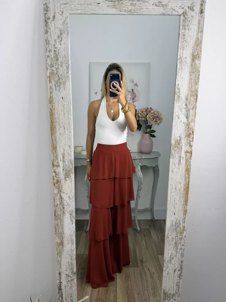 Pantalón largo volantes teja