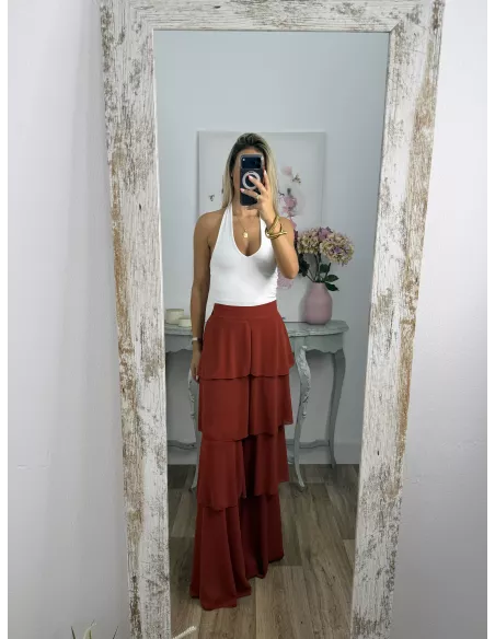 Pantalón largo volantes teja