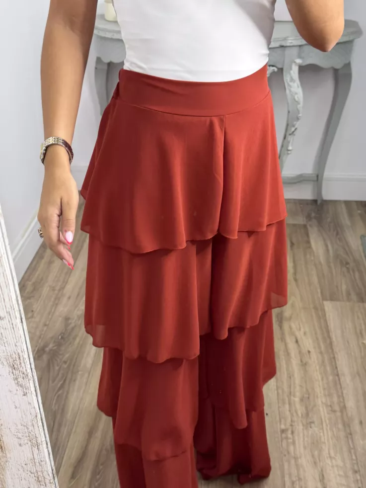 Pantalón largo volantes teja