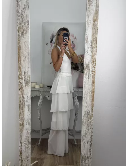 Pantalón largo volantes blanco
