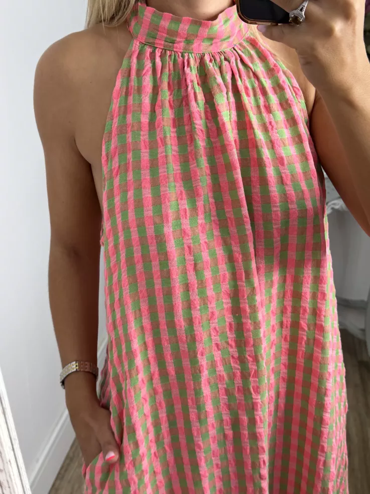 Vestido Flúor cuadros verde y rosa