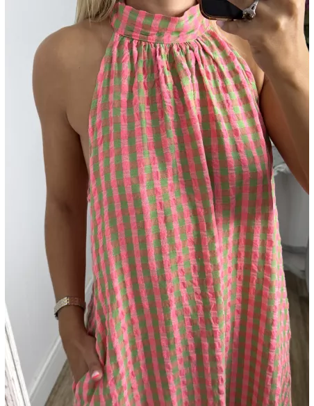 Vestido Flúor cuadros verde y rosa