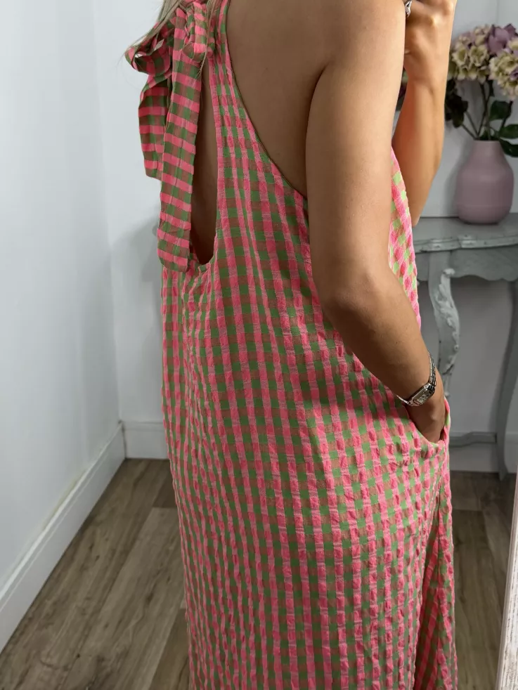 Vestido Flúor cuadros verde y rosa