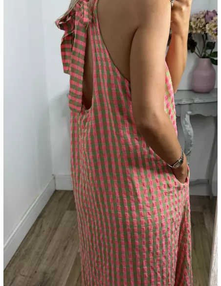 Vestido Flúor cuadros verde y rosa