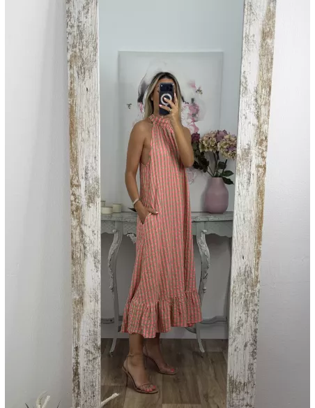 Vestido Flúor cuadros verde y rosa