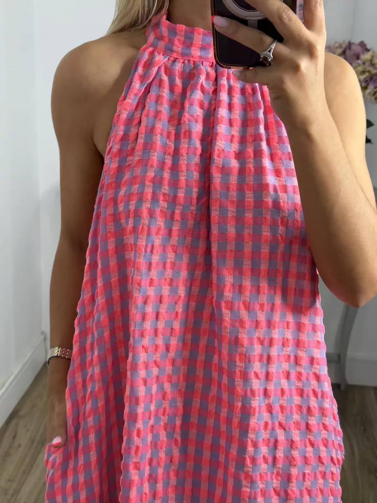 Vestido Flúor cuadros rosa y azul