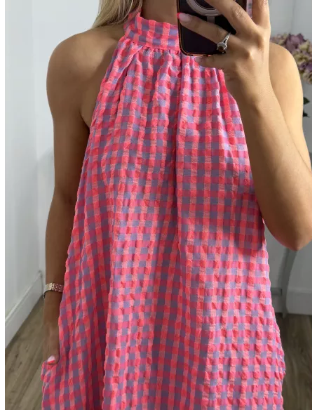 Vestido Flúor cuadros rosa y azul