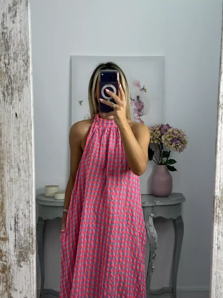 Vestido Flúor cuadros rosa y azul