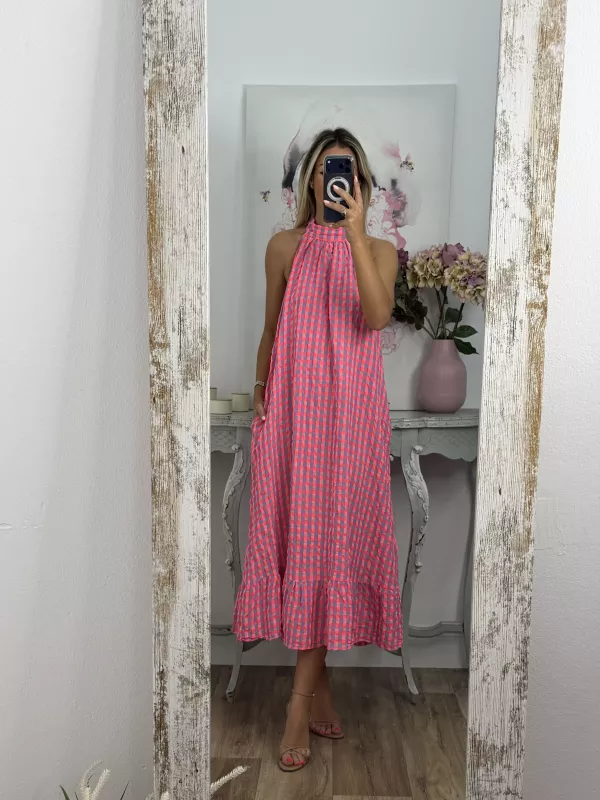 Vestido Flúor cuadros rosa y azul
