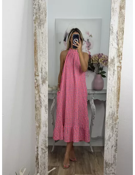 Vestido Flúor cuadros rosa y azul