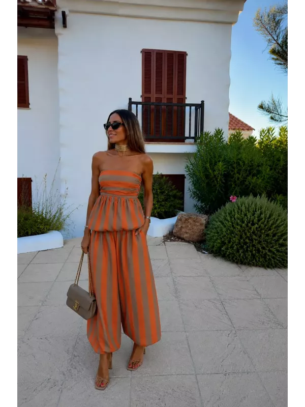 Conjunto Aldara de rayas naranja y taupe