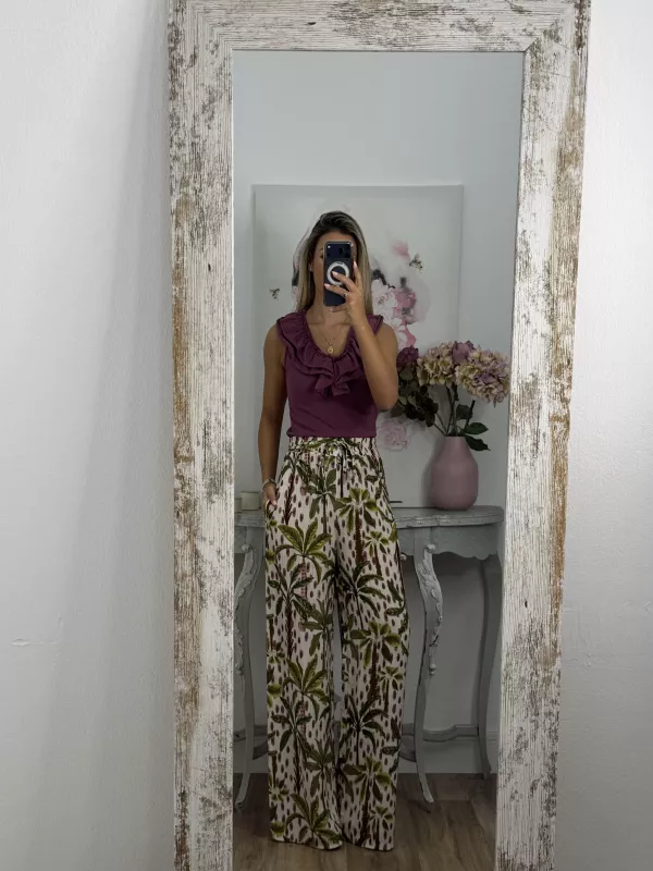 Pantalón estampado hoja verde, rosa y choco