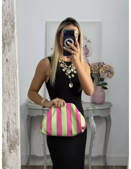 Bolso rayas verde y rosa
