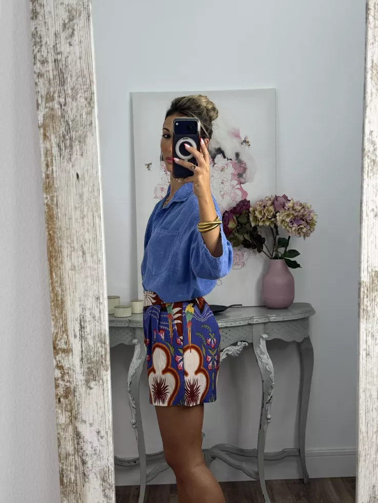 Short tropical azul y teja