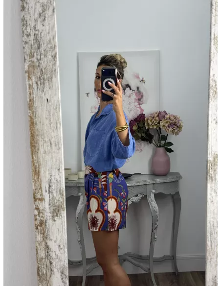 Short tropical azul y teja