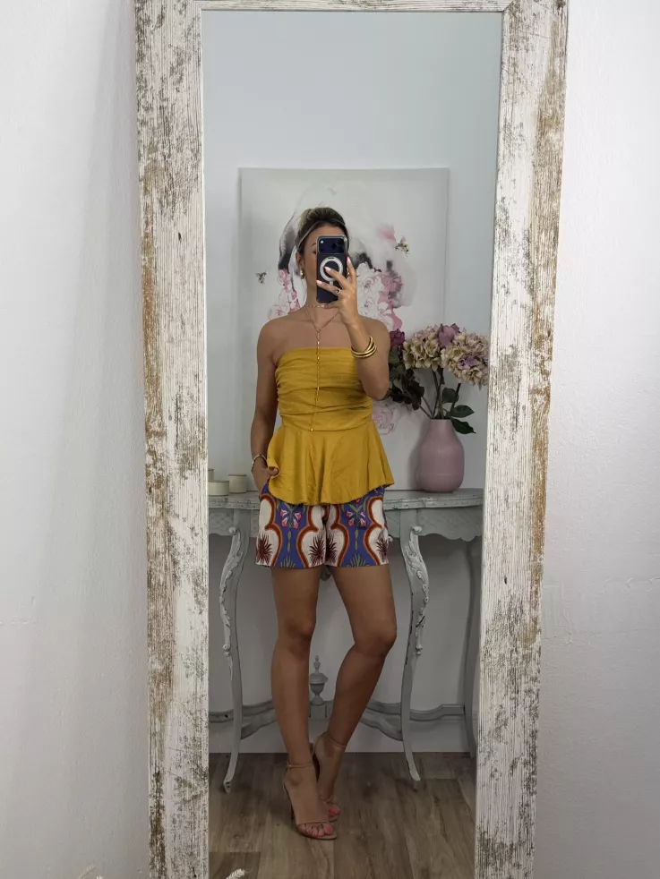 Short tropical azul y teja