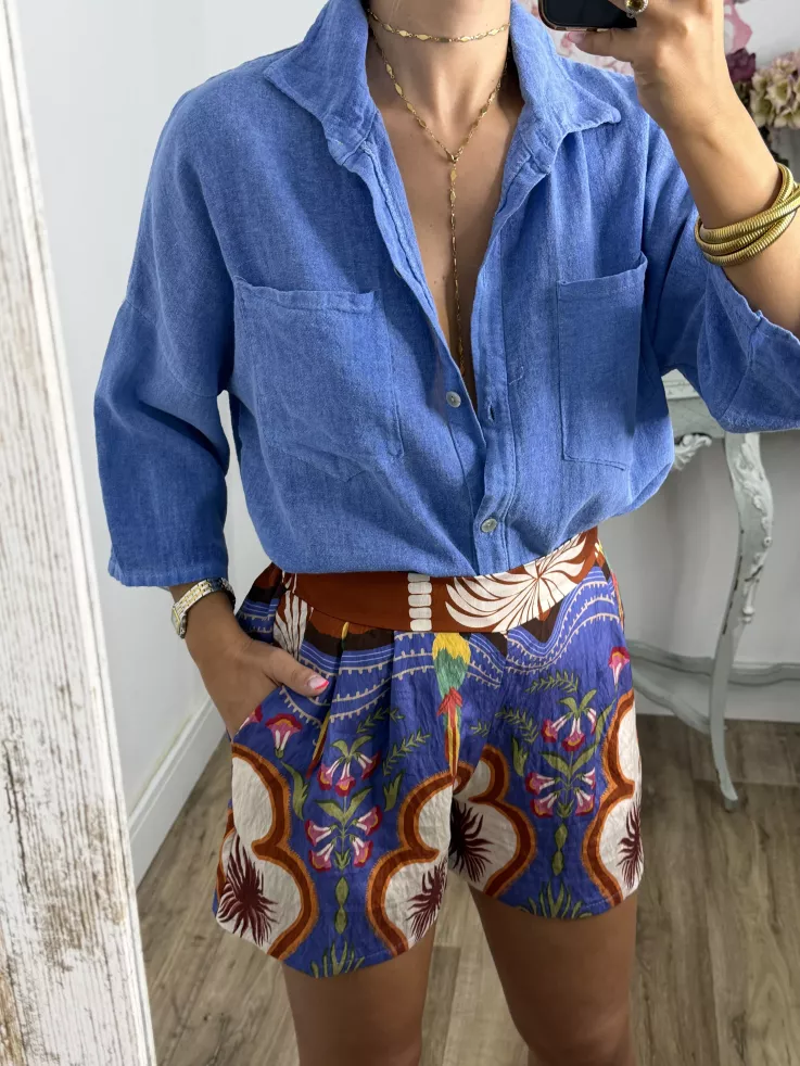 Short tropical azul y teja