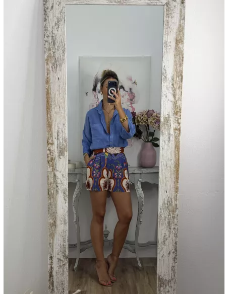 Short tropical azul y teja