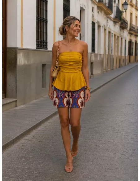 Short tropical azul y teja