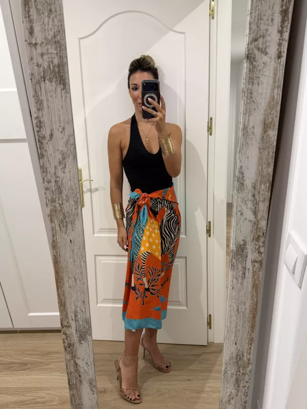 Falda pareo larga naranja con cebra