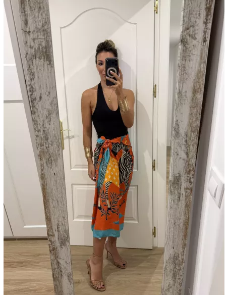 Falda pareo larga naranja con cebra