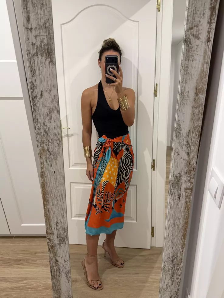 Falda pareo larga naranja con cebra