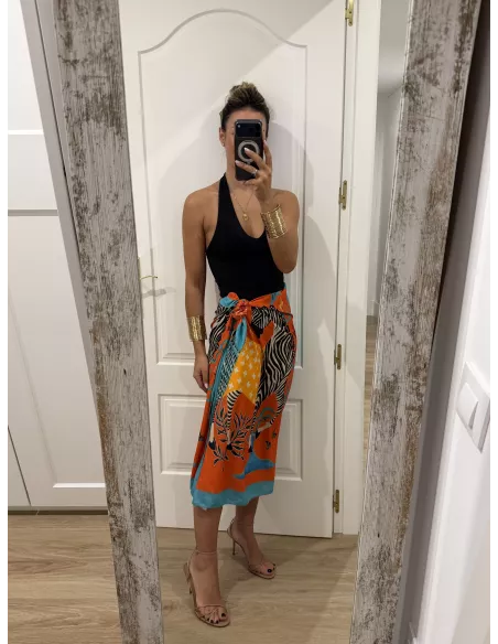 Falda pareo larga naranja con cebra
