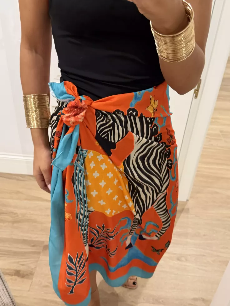Falda pareo larga naranja con cebra