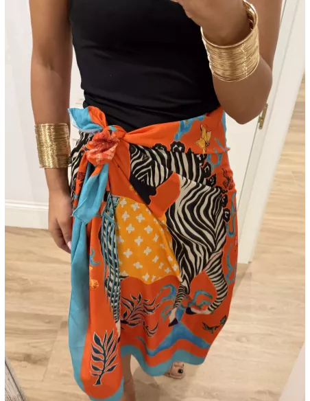 Falda pareo larga naranja con cebra