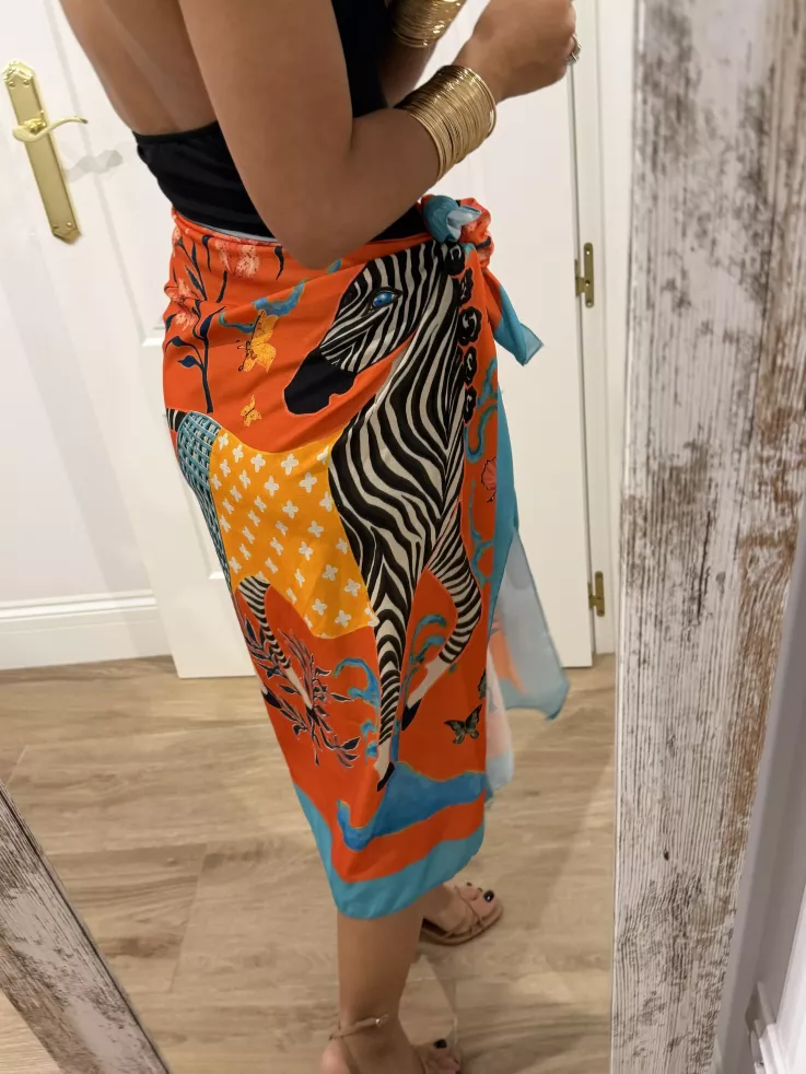 Falda pareo larga naranja con cebra