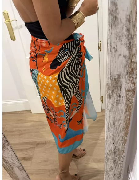 Falda pareo larga naranja con cebra