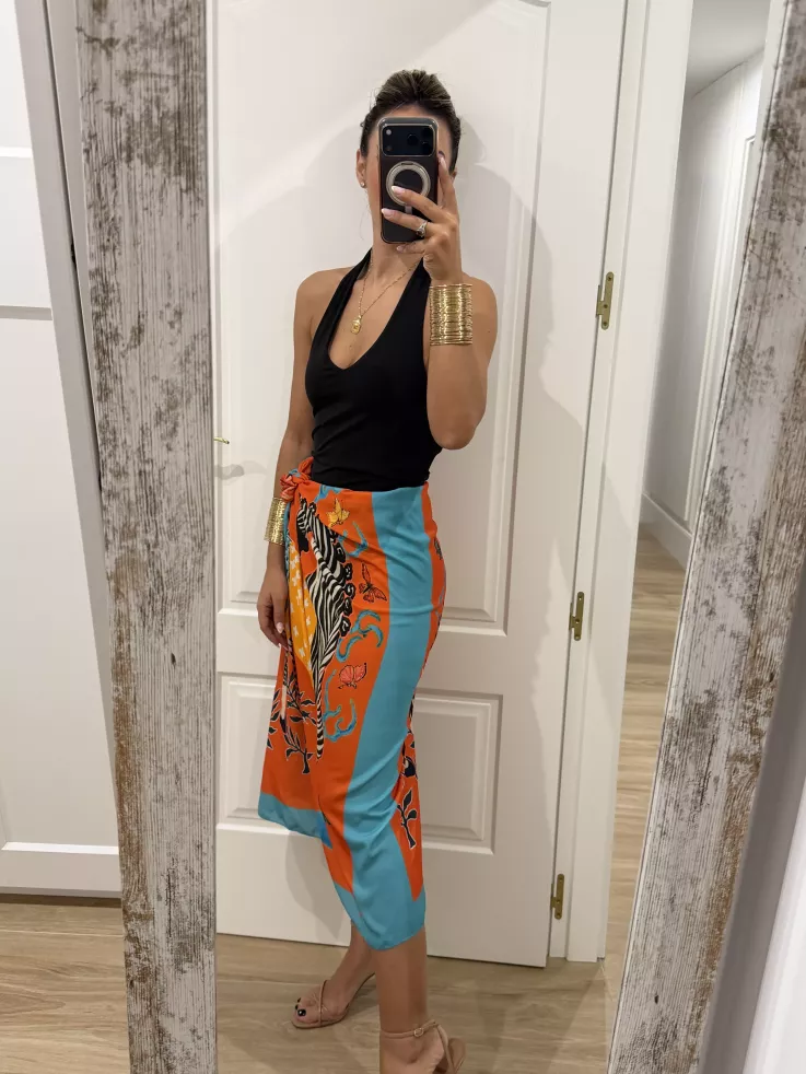 Falda pareo larga naranja con cebra