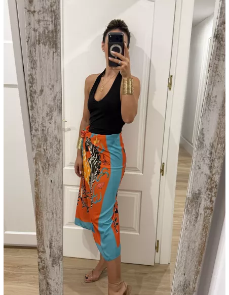 Falda pareo larga naranja con cebra