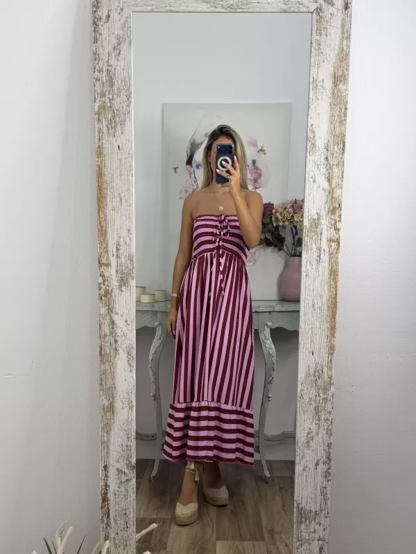 Vestido Granada de rayas rosa y buganvilla