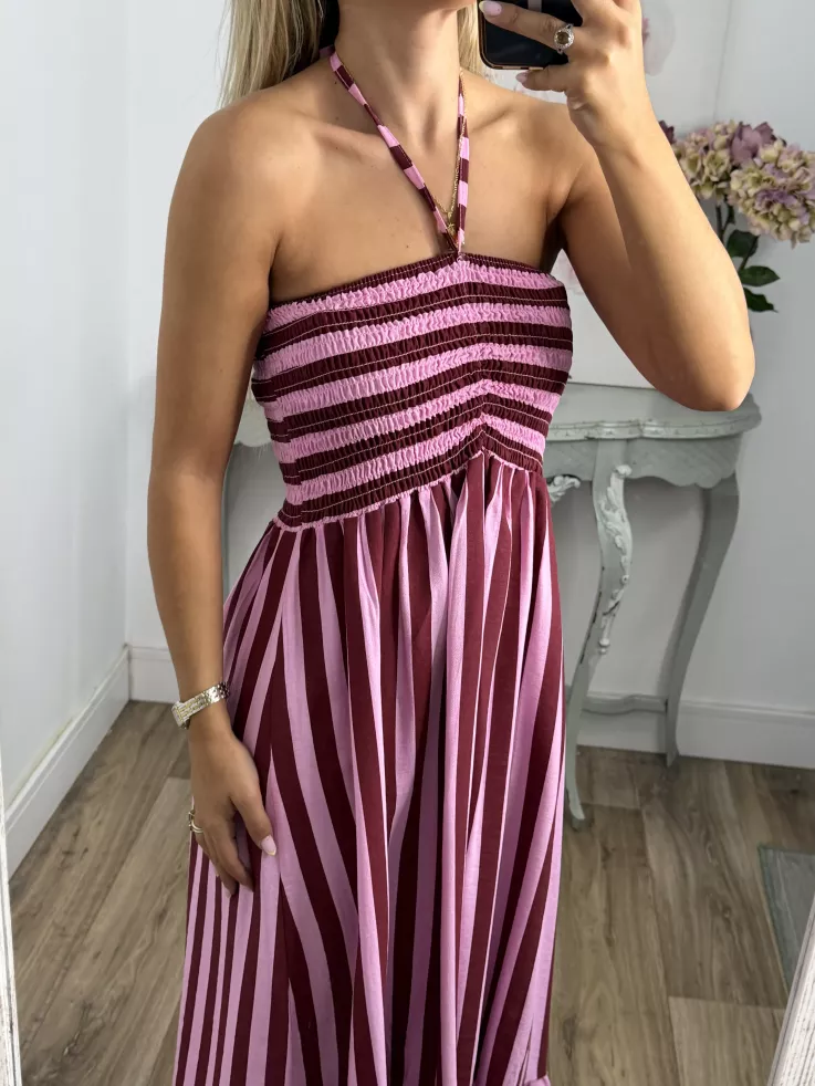 Vestido Granada de rayas rosa y buganvilla