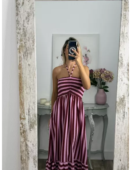 Vestido Granada de rayas rosa y buganvilla